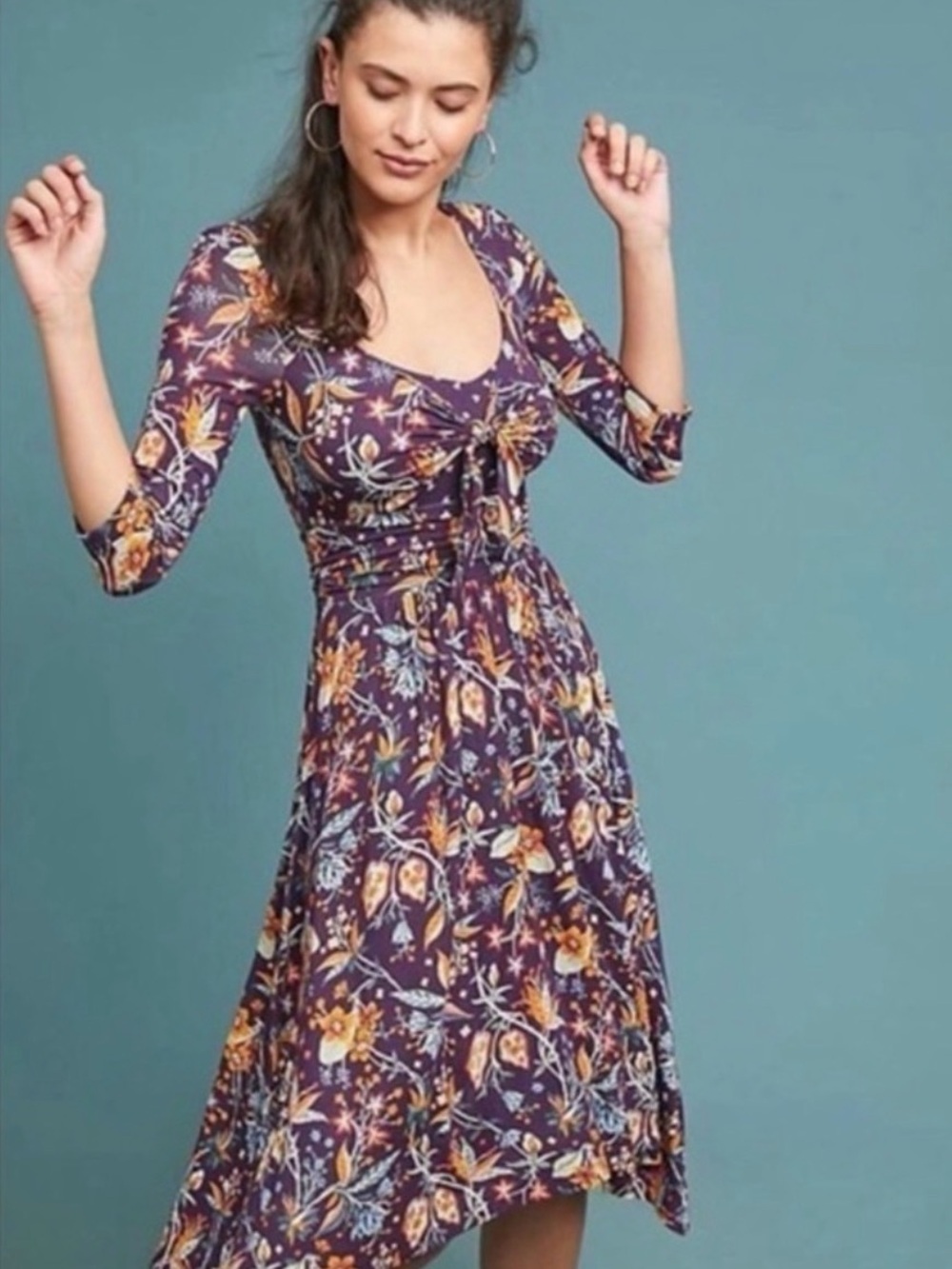 Anthropologie Maeve Floral Tie-Front Midi Dress in Purple